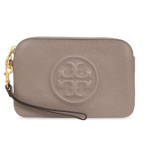NEW Tory Burch Beige Perry Logo Emboss Leather Clutch Pouch Bag